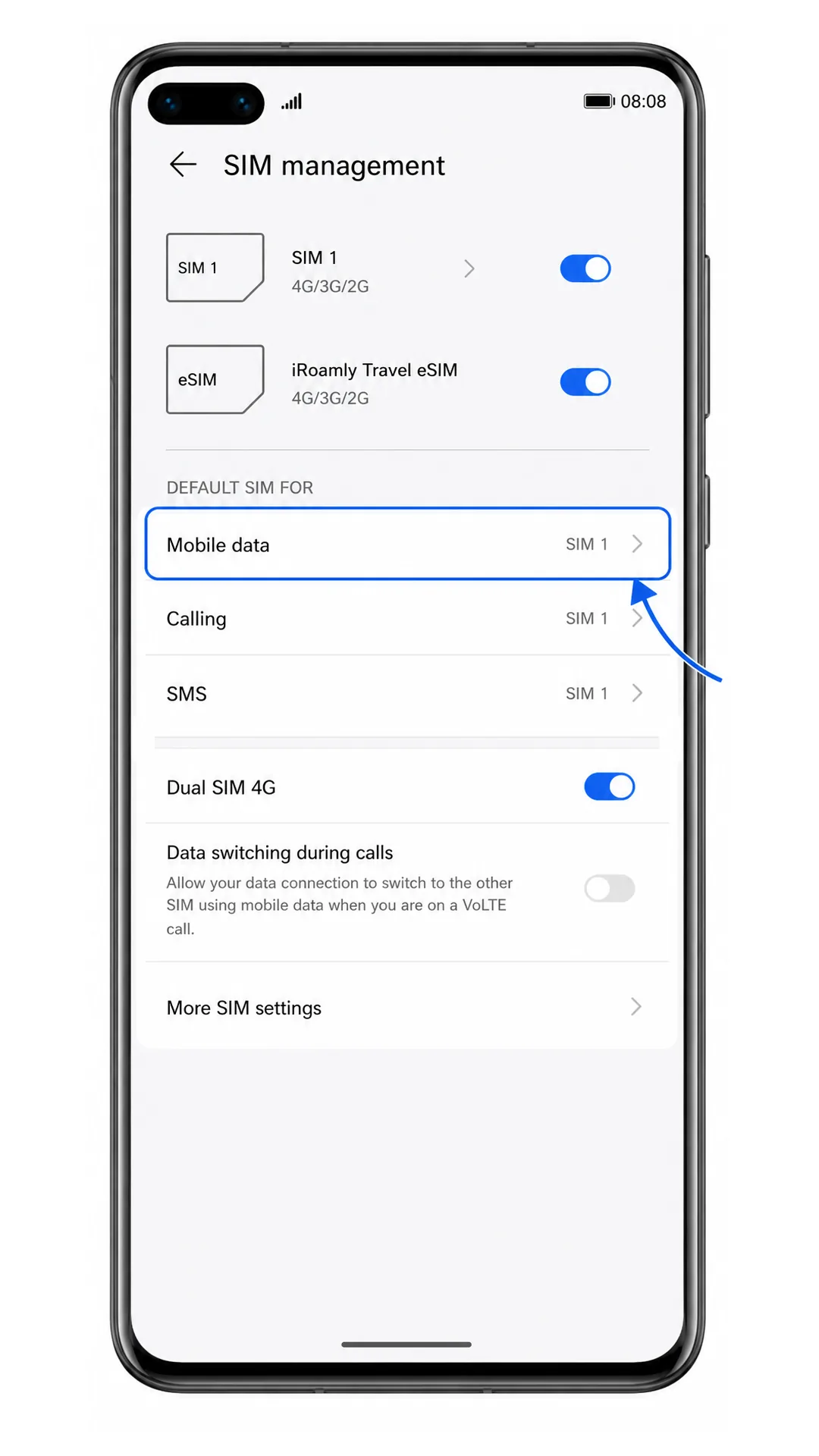 Huawei P40 Pro SIM management screen with Mobile data default SIM highlighted