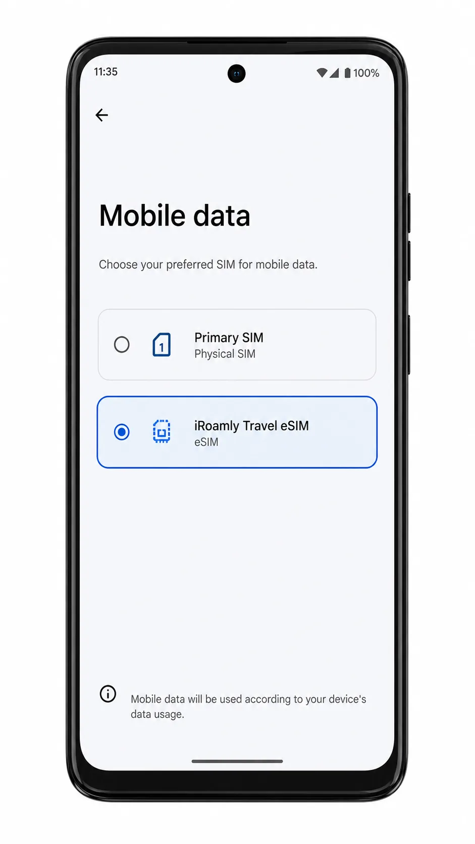 Edge+ SIMs page showing Mobile data preference highlighted