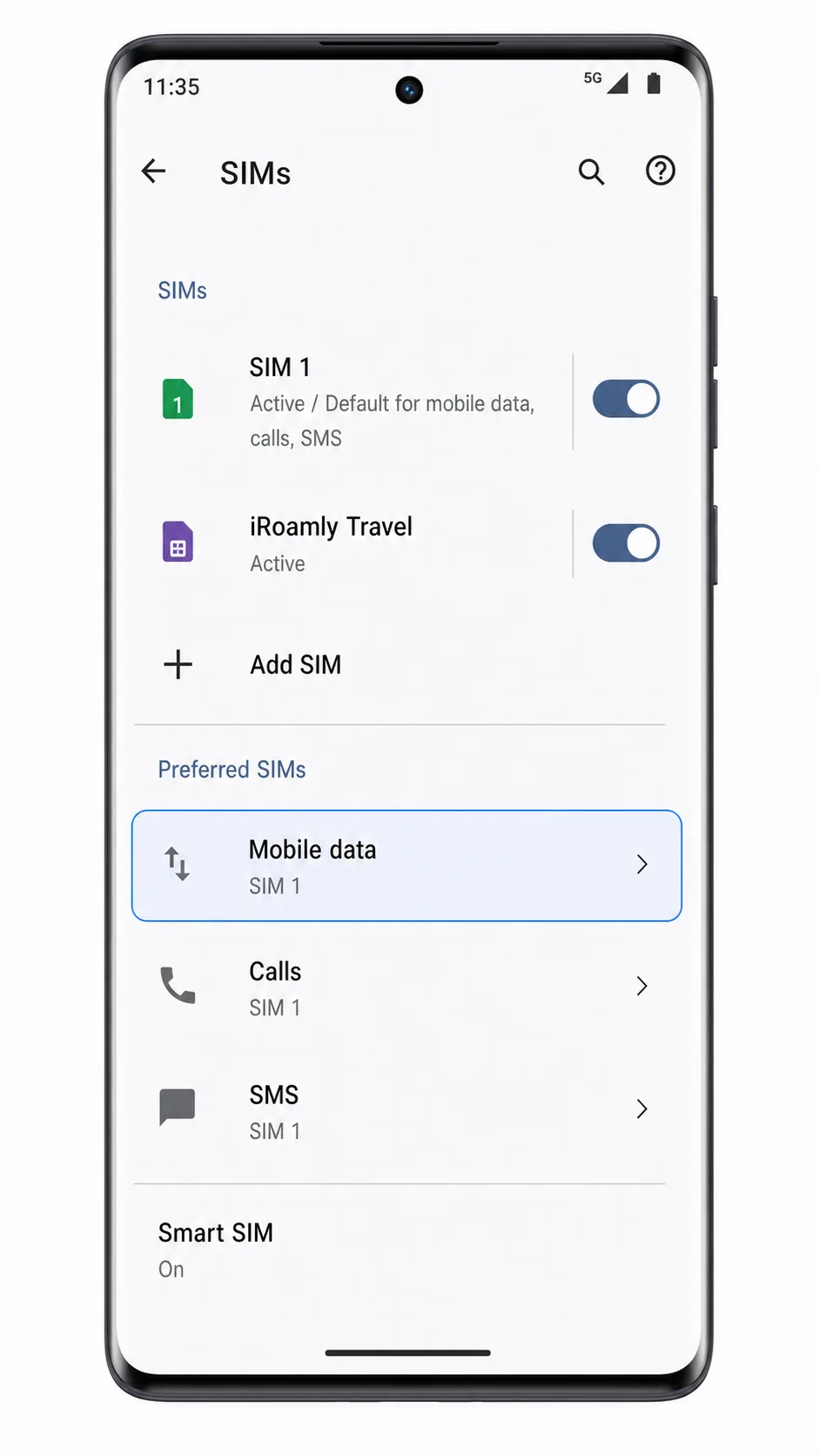 Moto G85 SIMs screen showing Mobile data highlighted under Preferred SIMs