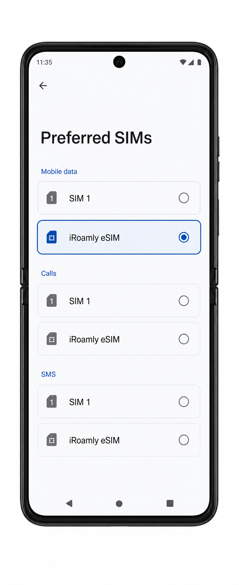 Motorola Razr 40 data Step 1: iRoamly eSIM selected for mobile data