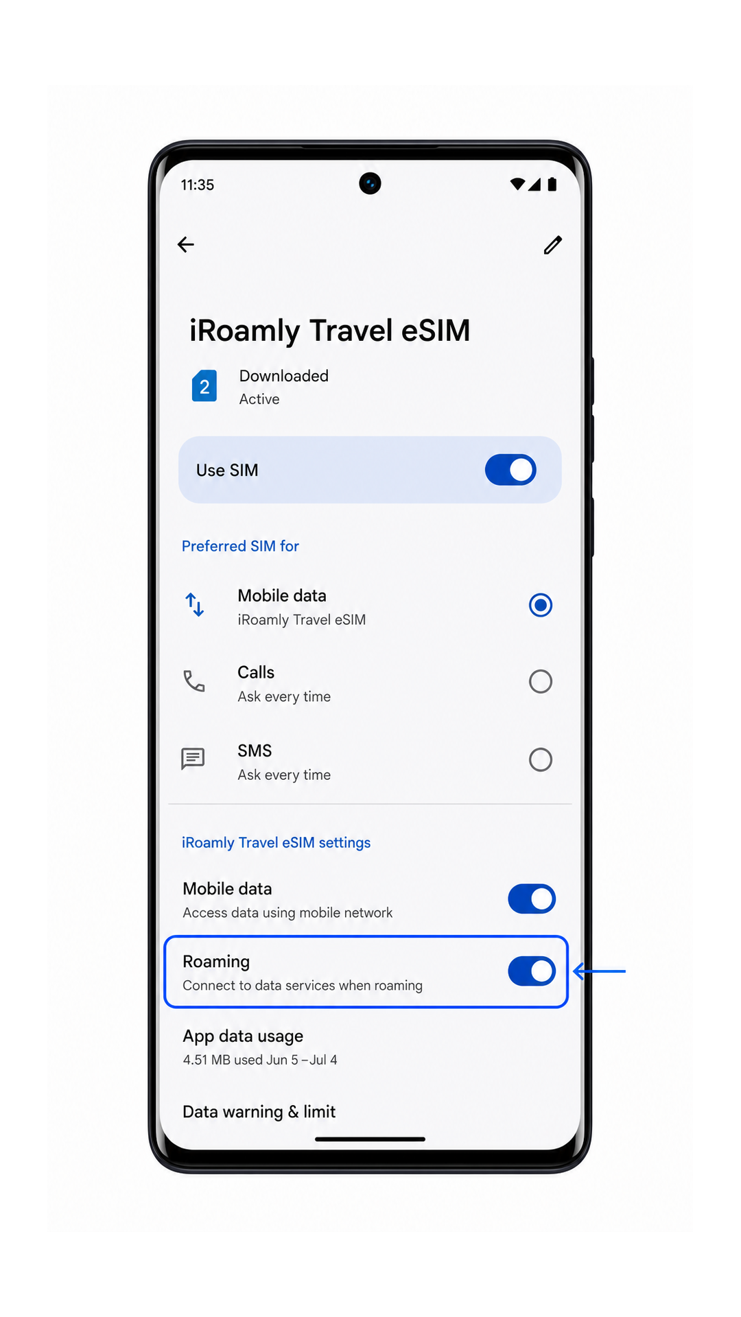 Motorola Edge 40 iRoamly Travel eSIM settings with Use SIM enabled
