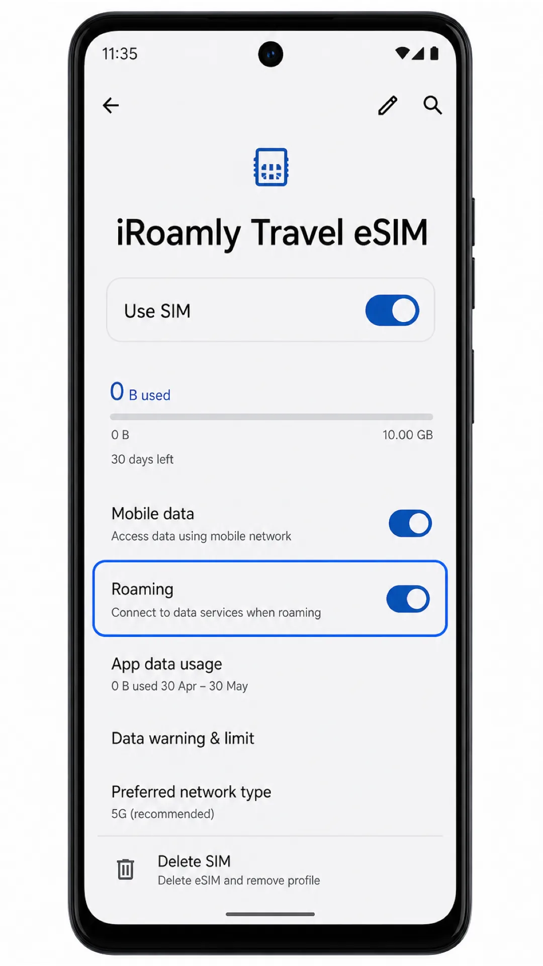 Moto G75 iRoamly Travel eSIM details screen with Use SIM enabled