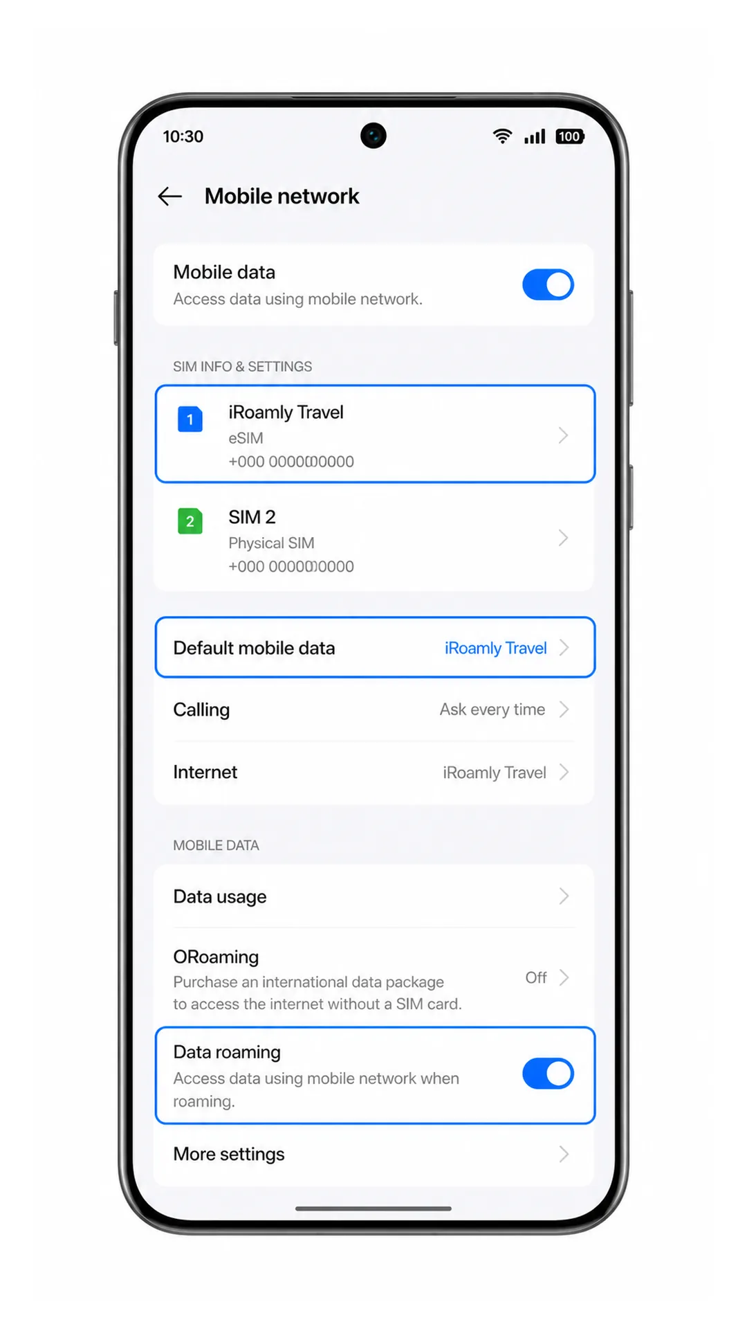 Oppo Find X8 mobile data settings showing iRoamly Travel selected