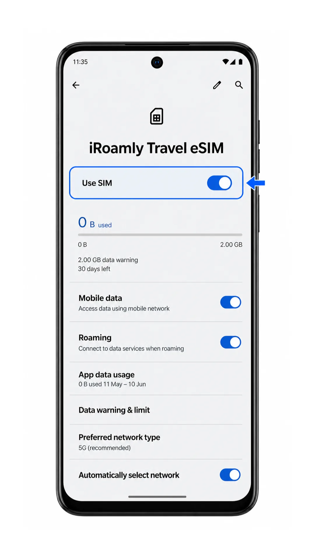Moto G55 iRoamly Travel eSIM detail page with Use SIM highlighted Moto G55 iRoamly Travel eSIM detail page with Use SIM highlighted