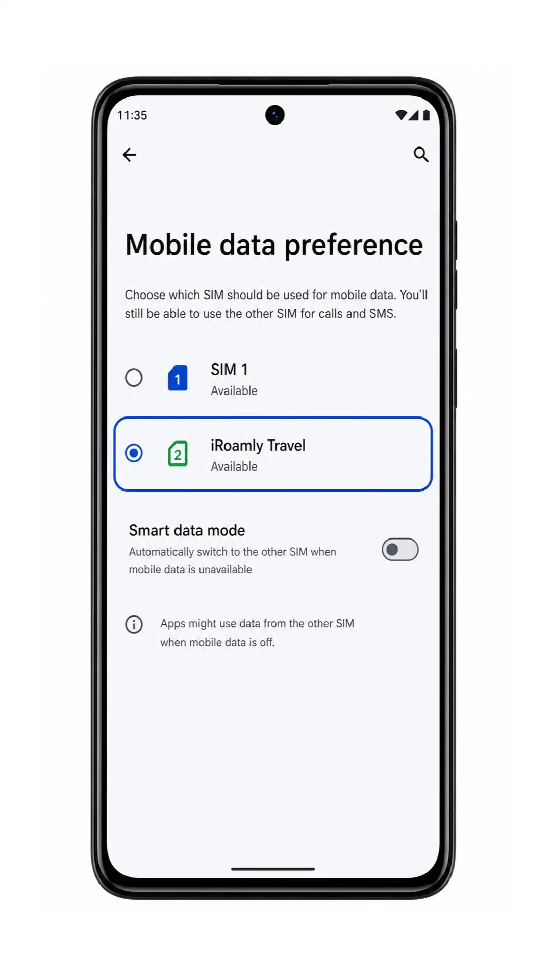 Moto G84 mobile data preference screen showing iRoamly Travel selected