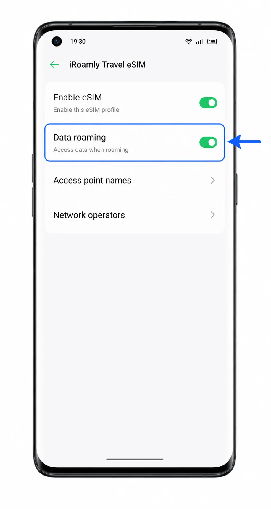 Oppo Find X3 Pro iRoamly Travel eSIM details showing Data roaming enabled