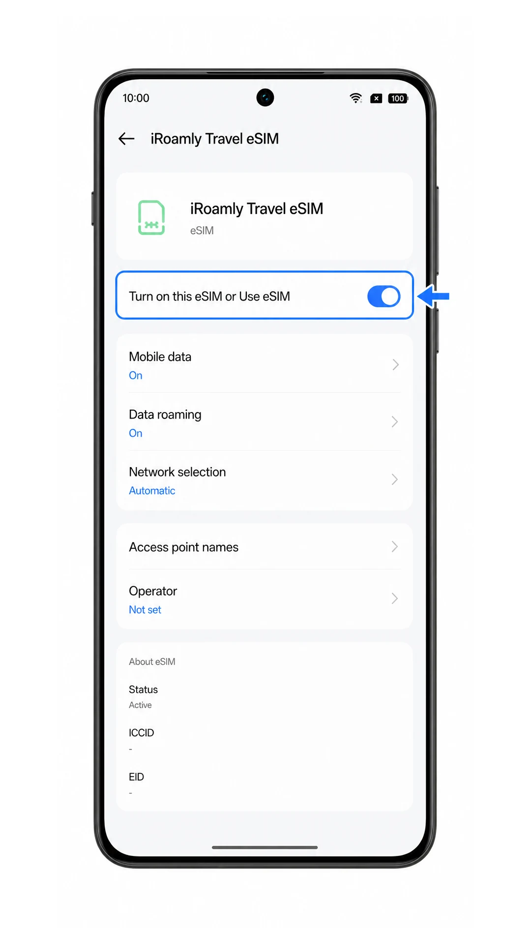 Oppo Find X8 Pro iRoamly eSIM profile details showing line switch