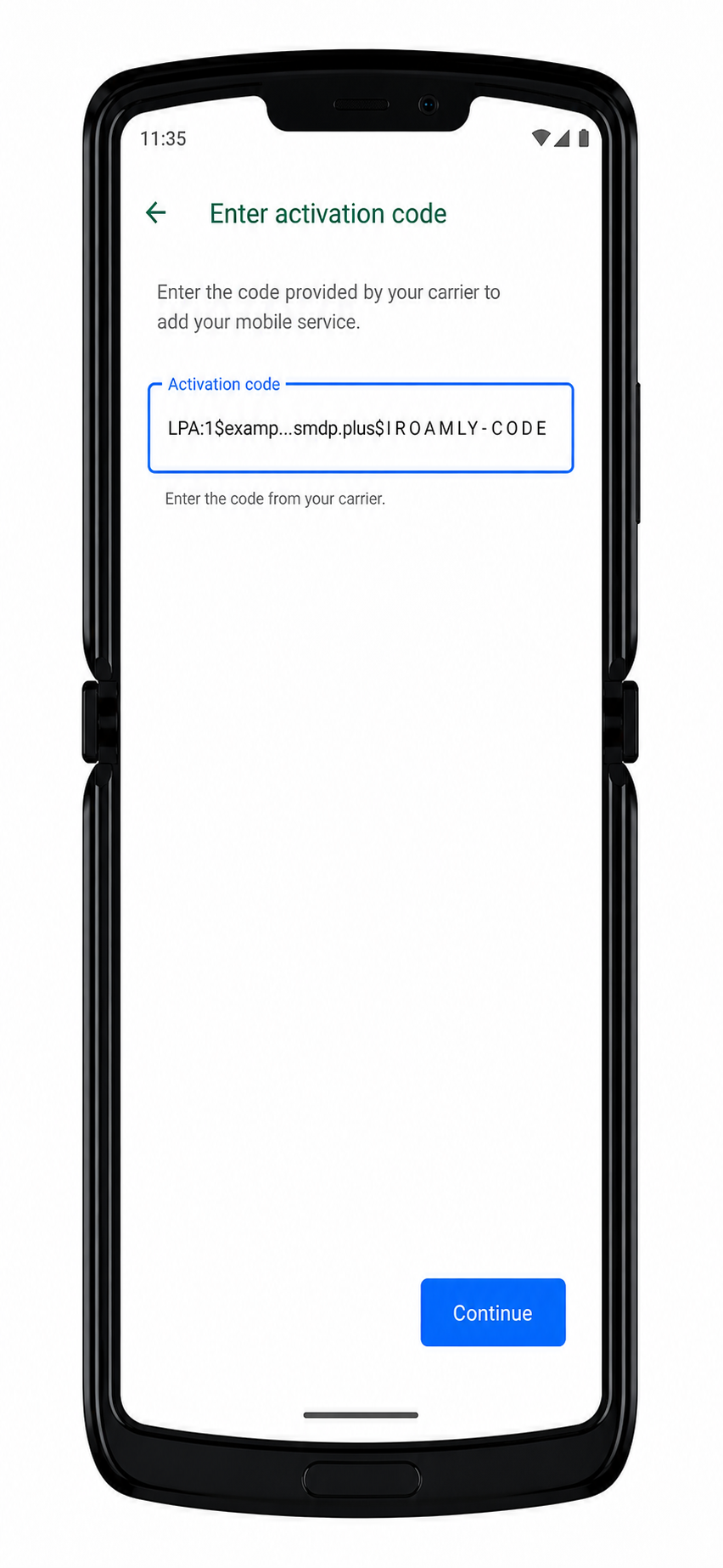 Motorola Razr 2019 Step 6 manual: activation code entry field for iRoamly eSIM