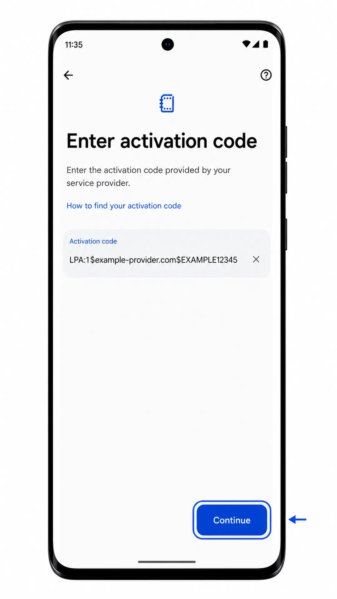 Schermata del codice eSIM manuale sul Motorola Edge 60 Fusion con Continua evidenziato