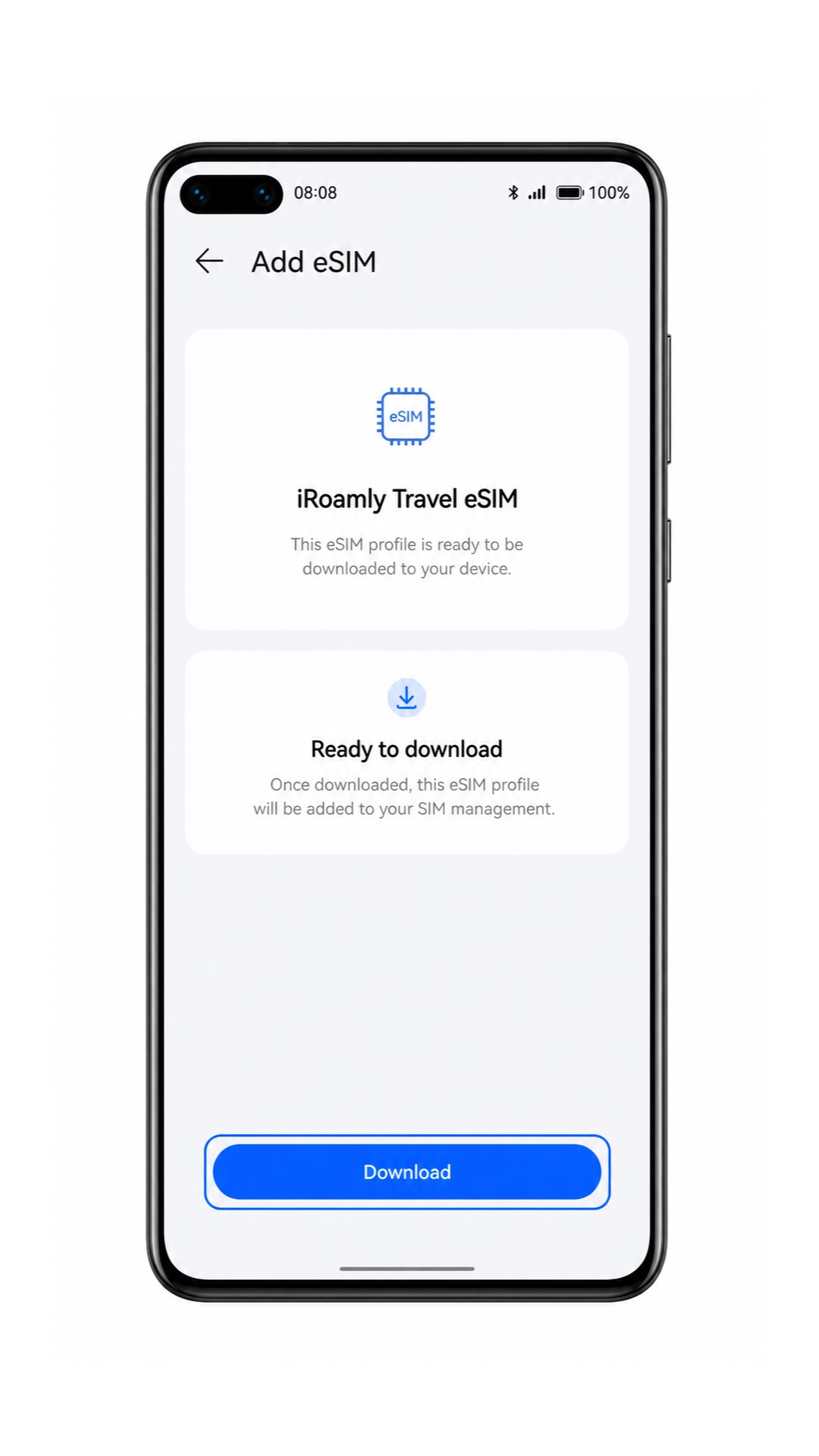 Huawei P40 manual eSIM download screen with Download highlighted