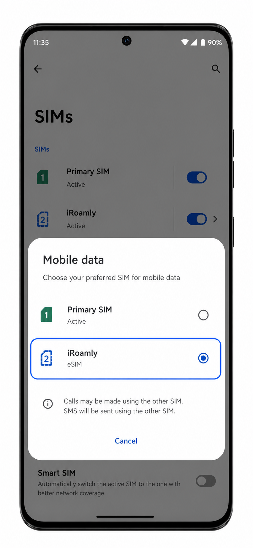 Motorola Edge 50 Pro mobile data preference screen with iRoamly selected