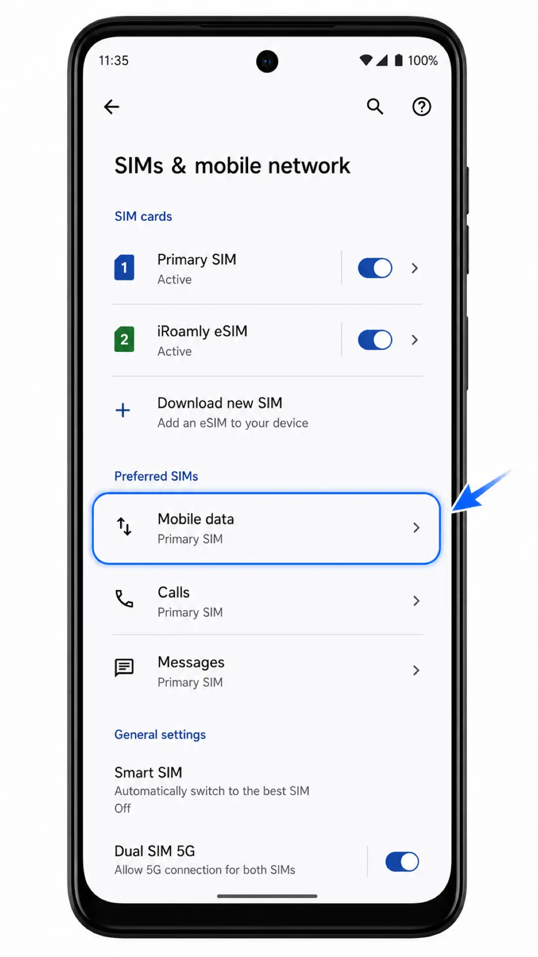 Moto G54 Power data Step 1: Mobile data under Preferred SIMs highlighted
