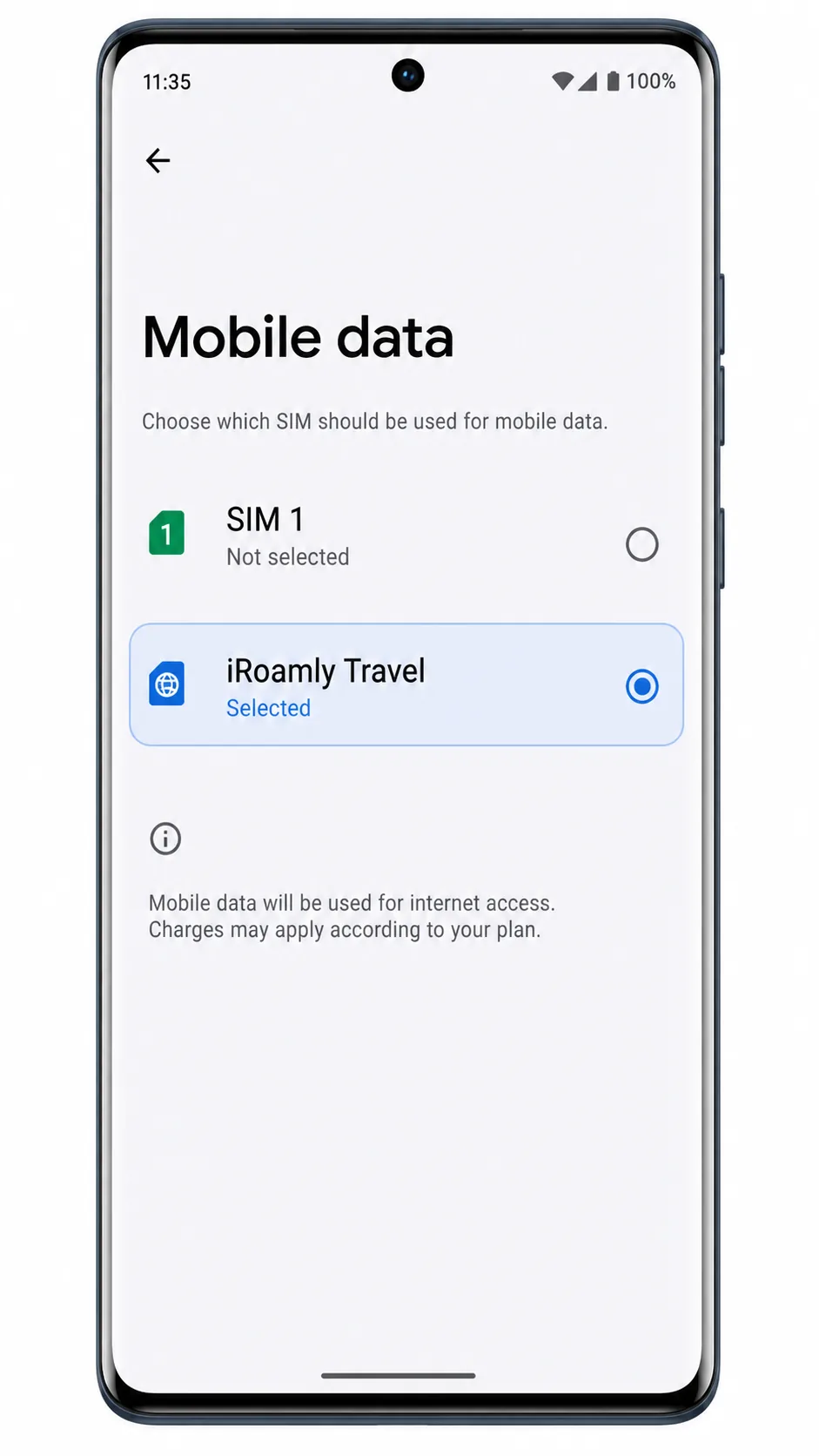 Moto G85 Mobile data screen showing iRoamly Travel selected