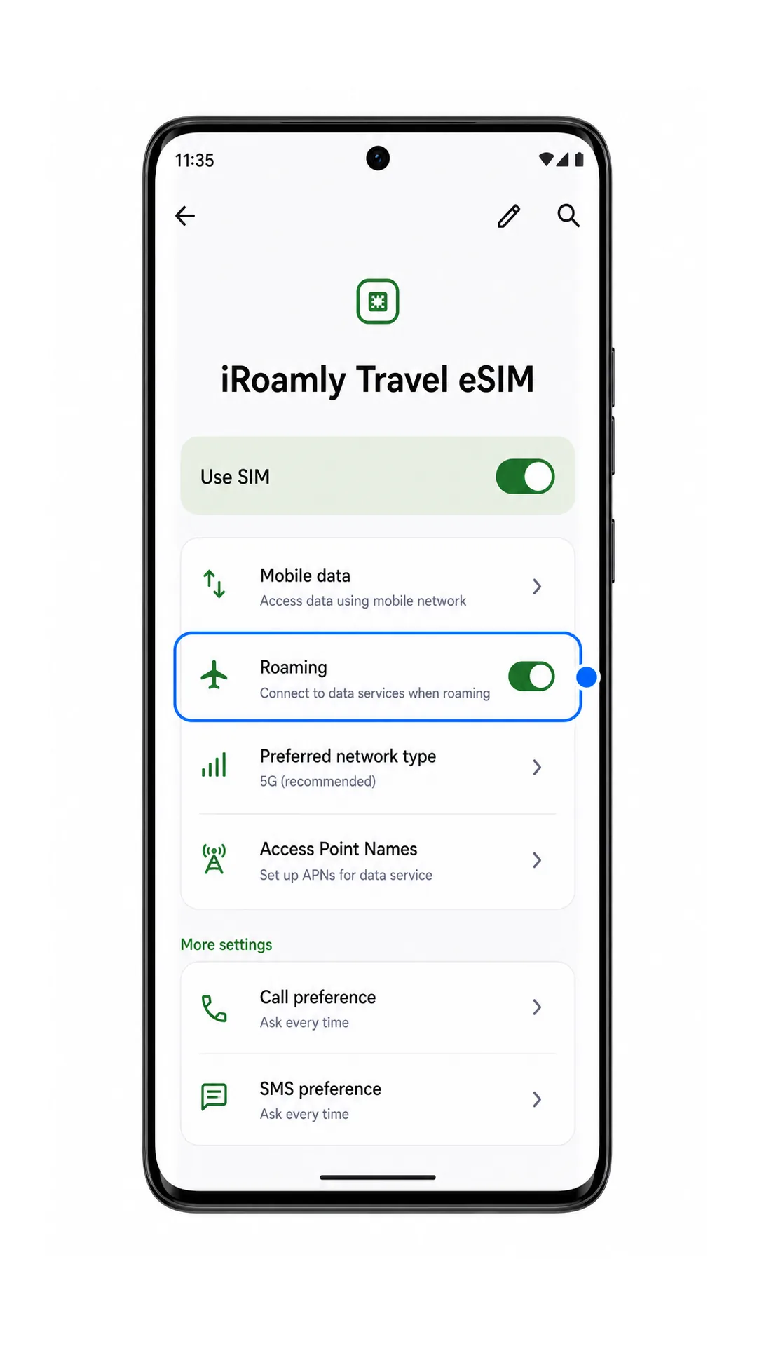 Motorola Edge 50 Ultra iRoamly Travel eSIM settings showing Mobile data for travel use
