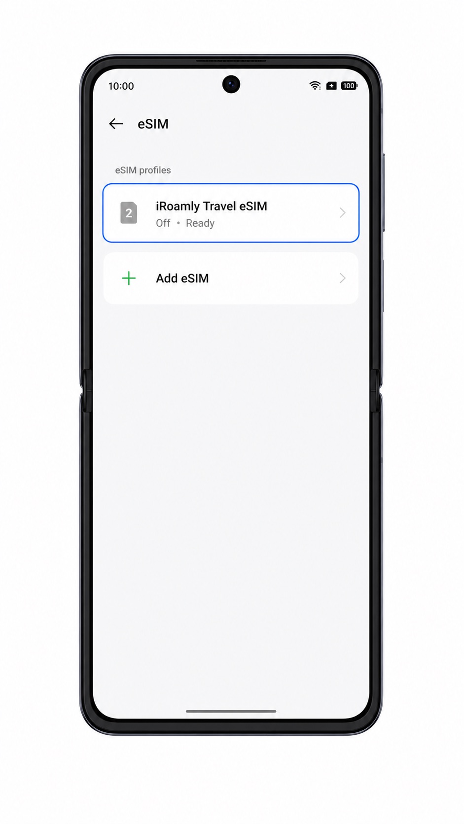Oppo Find N2 Flip eSIM list showing iRoamly travel eSIM installed
