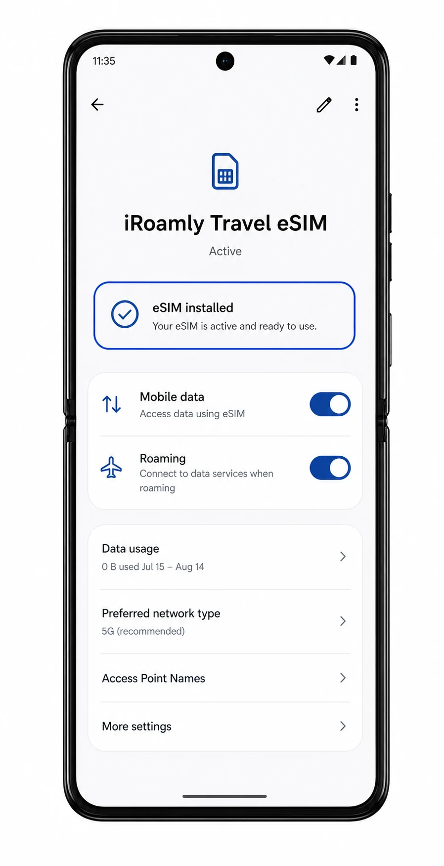 Motorola Razr+ 2025 iRoamly profile screen showing installed eSIM status