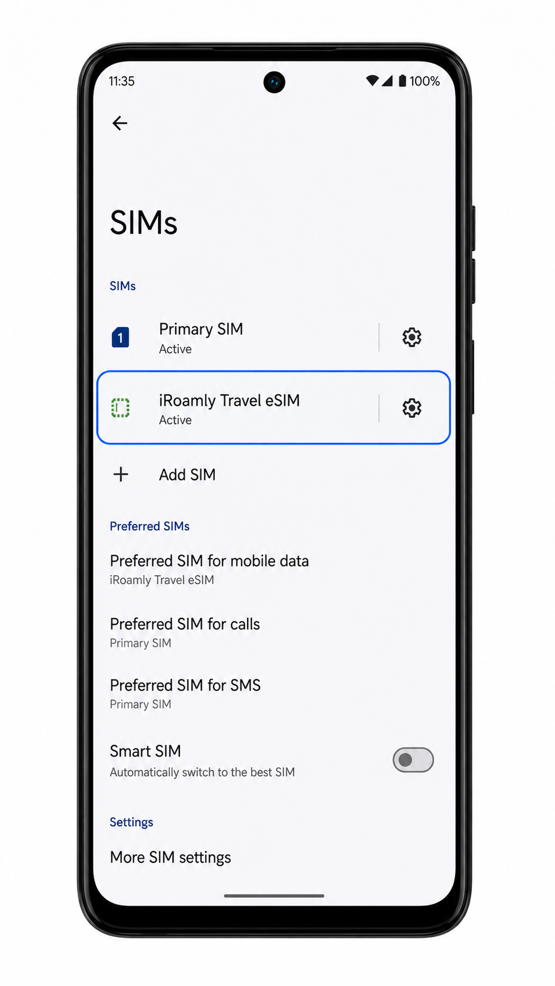 Moto G Power (2024) SIMs list showing iRoamly travel eSIM installed