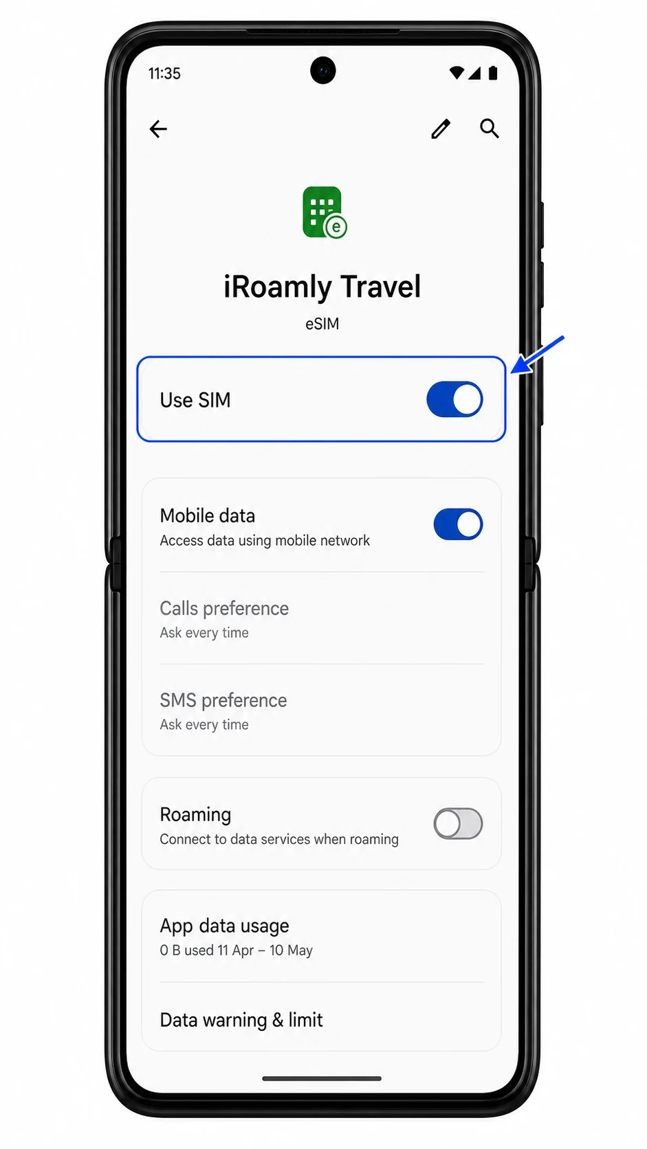 Motorola Razr 2025 iRoamly eSIM profile with Use SIM toggle