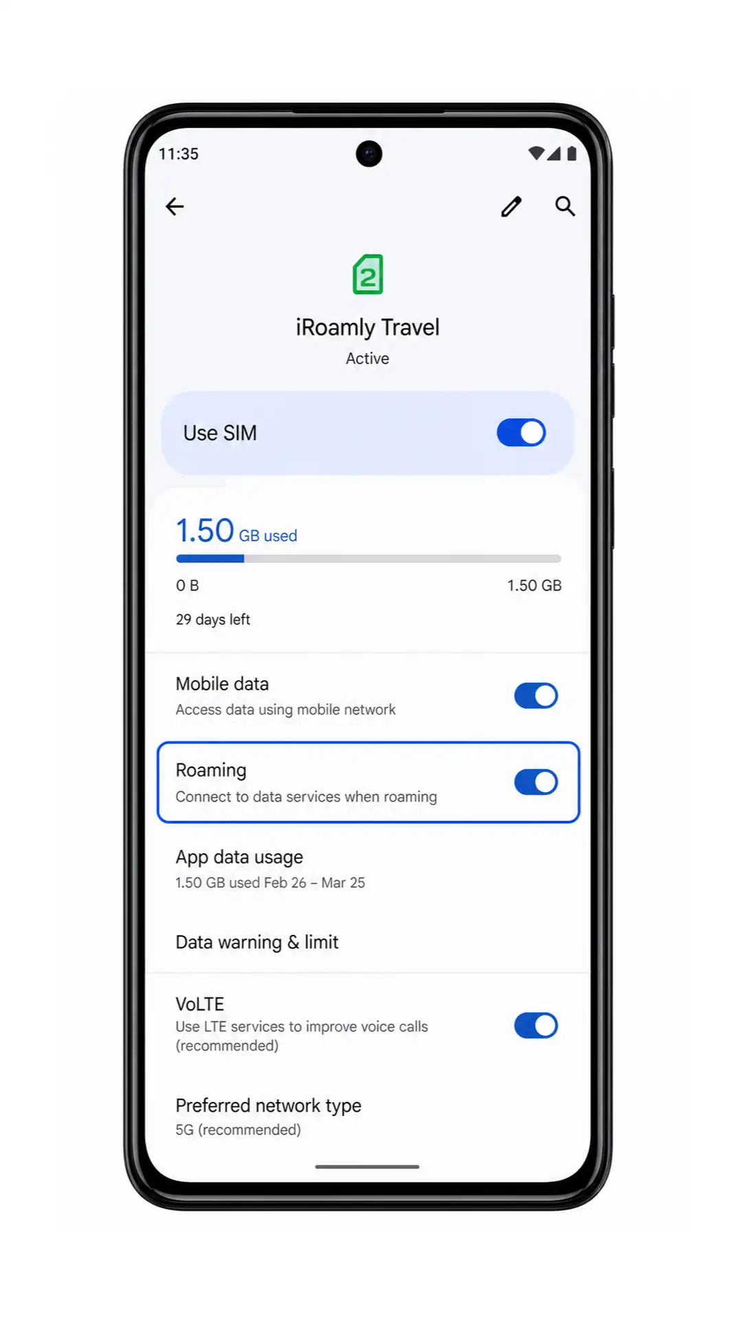 Moto G84 iRoamly Travel SIM details screen showing Use SIM and Roaming settings