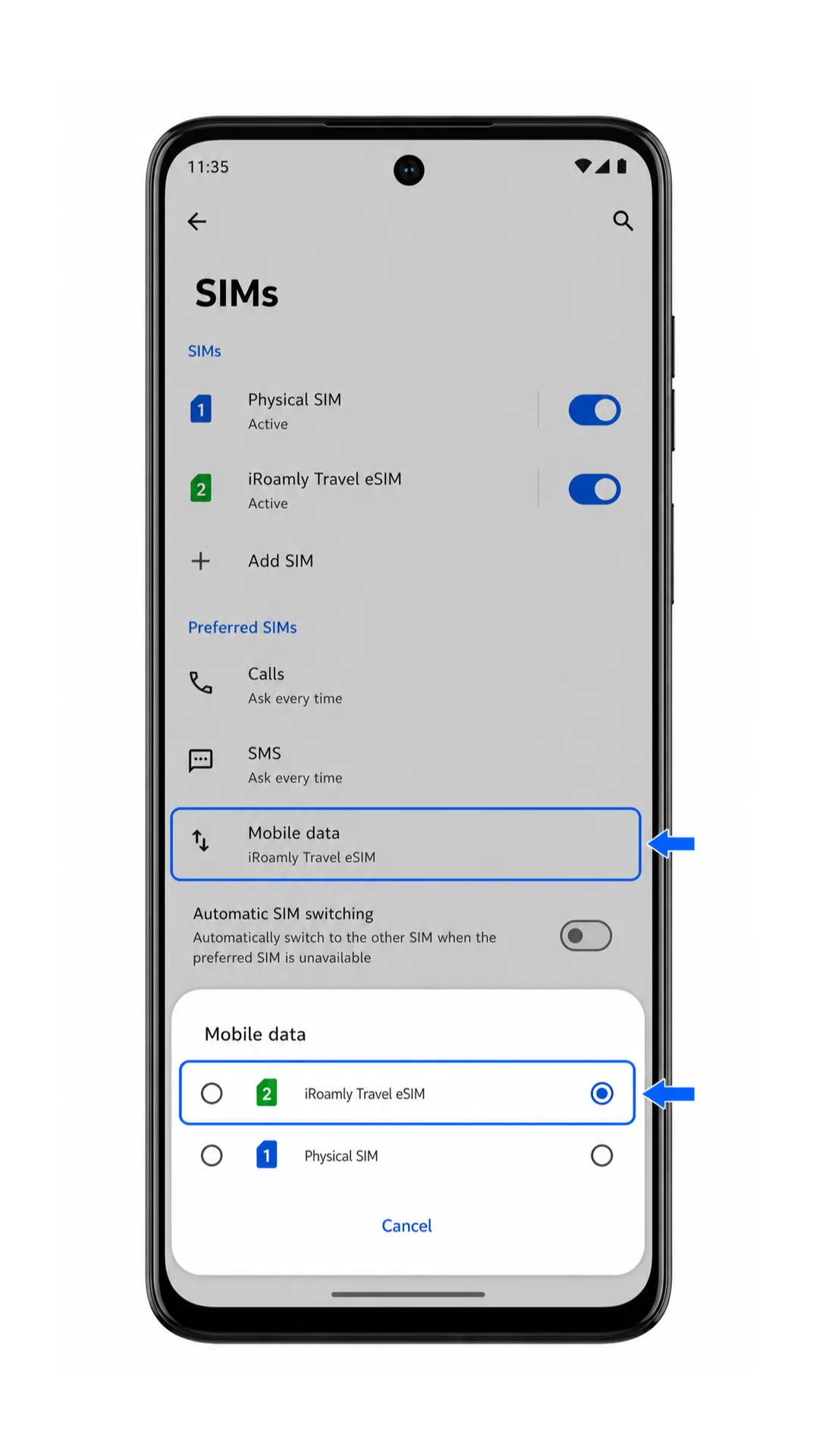 Moto G55 SIMs screen with Mobile data set to iRoamly Travel eSIM Moto G55 SIMs screen with Mobile data set to iRoamly Travel eSIM