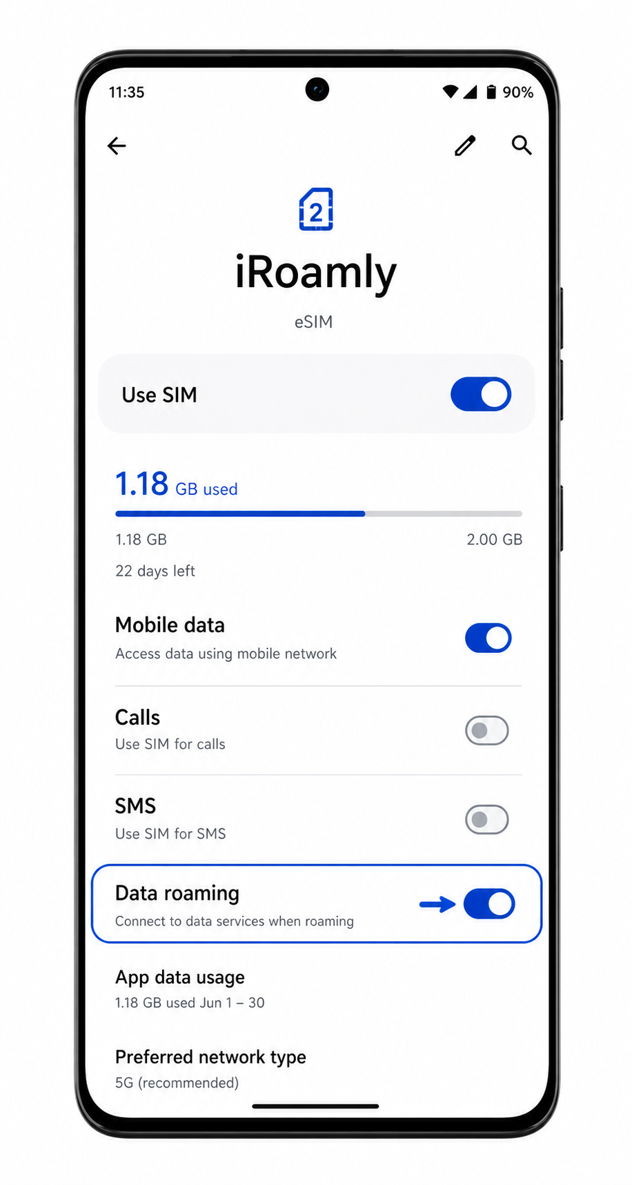 Motorola Edge 50 Pro iRoamly eSIM settings with Data roaming highlighted