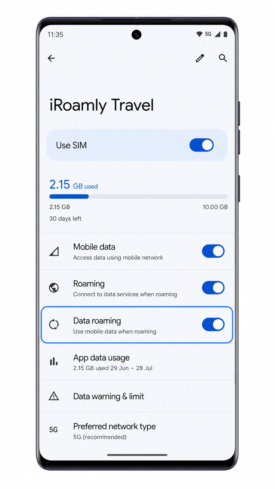 Moto G85 iRoamly Travel eSIM detail screen showing Use SIM enabled