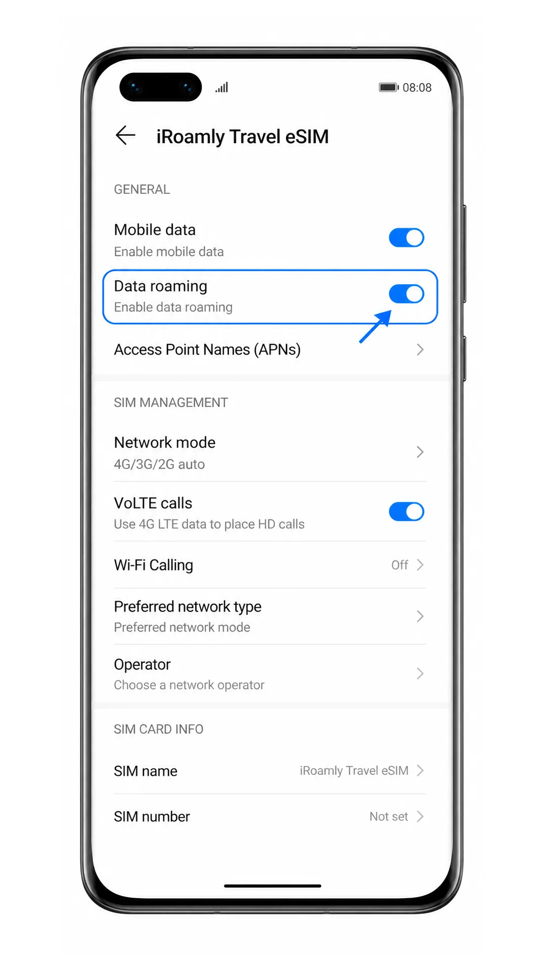 Huawei P40 Pro iRoamly Travel eSIM settings screen with Data roaming highlighted