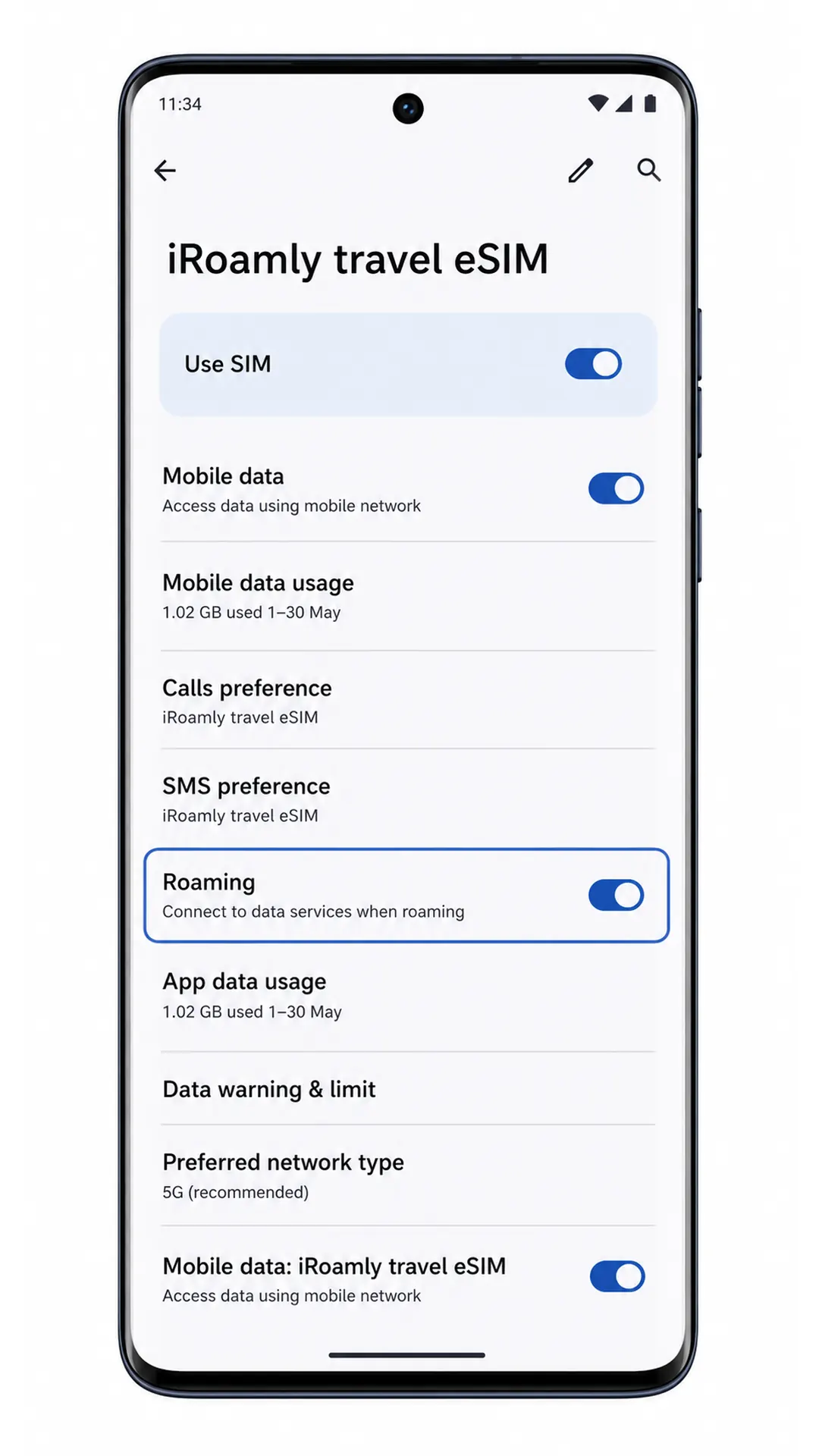 Motorola Edge 60 Stylus Confirmation Step 2: iRoamly eSIM detail page