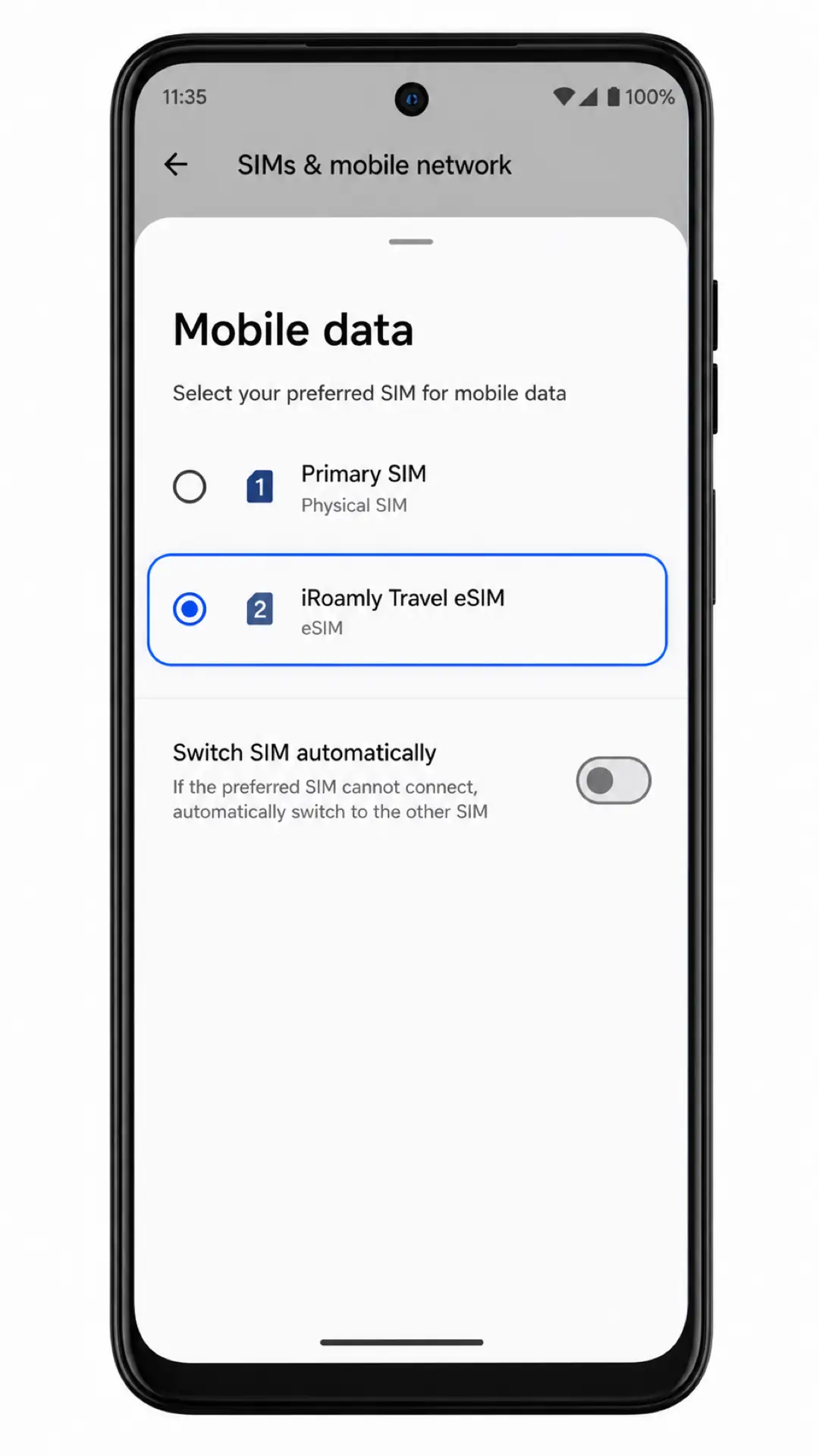 Moto G54 Power data Step 2: iRoamly Travel eSIM selected for mobile data