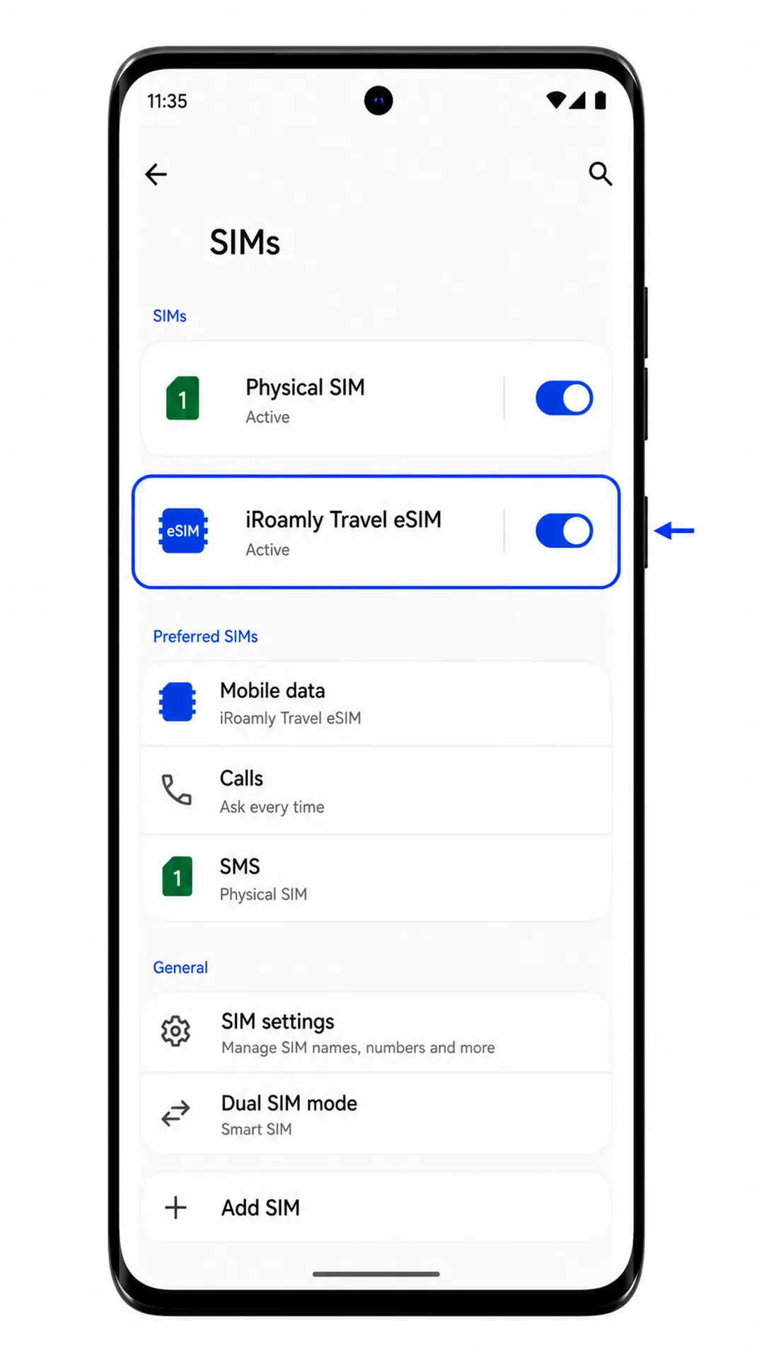 Pagina SIM del Motorola Edge 60 Fusion che mostra un profilo iRoamly eSIM installato