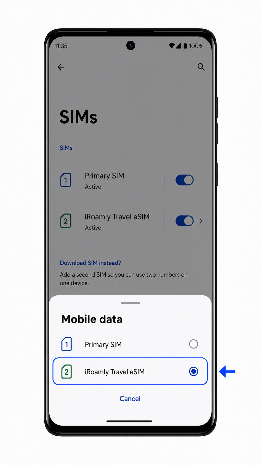 Motorola Edge 50 Fusion mobile data selection screen showing iRoamly selected for data