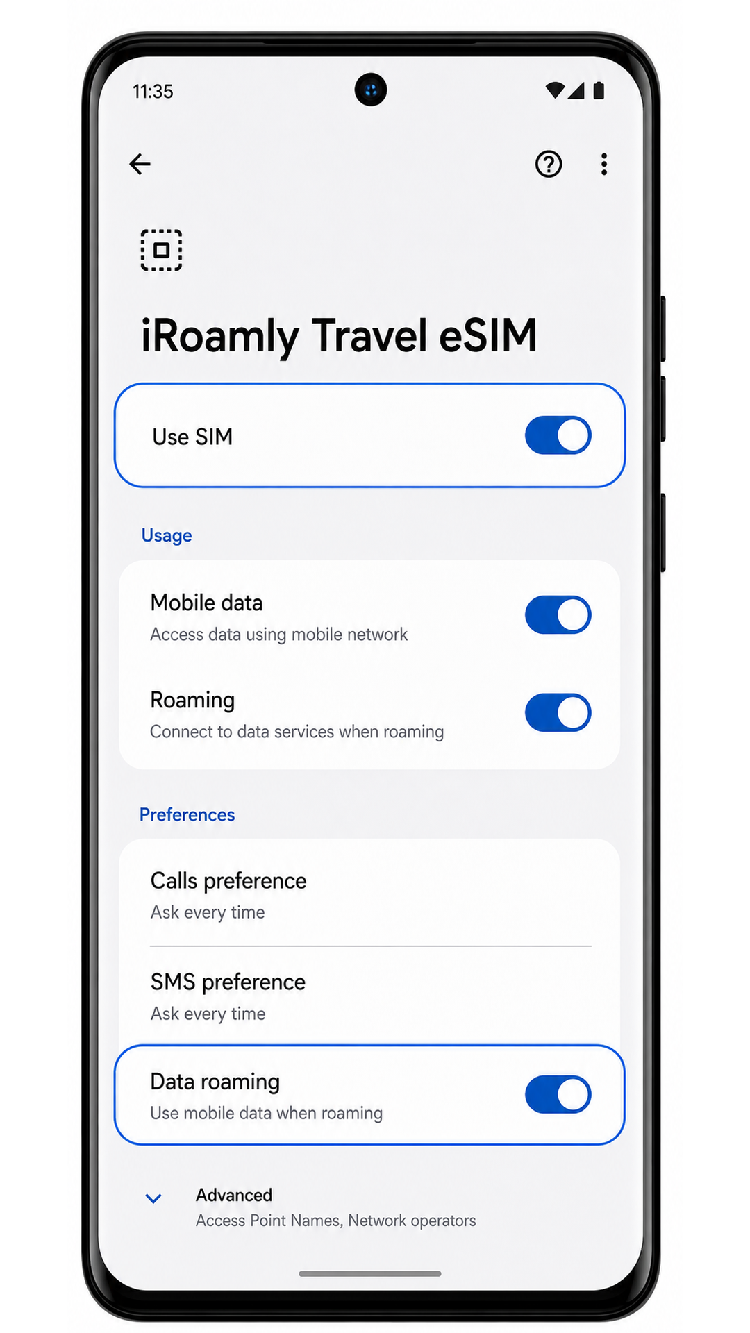 Motorola Edge 40 Neo iRoamly eSIM settings screen with Use SIM and data roaming highlighted