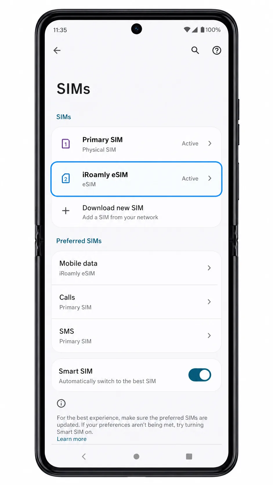 Motorola Razr 60 Ultra SIMs list showing installed iRoamly eSIM