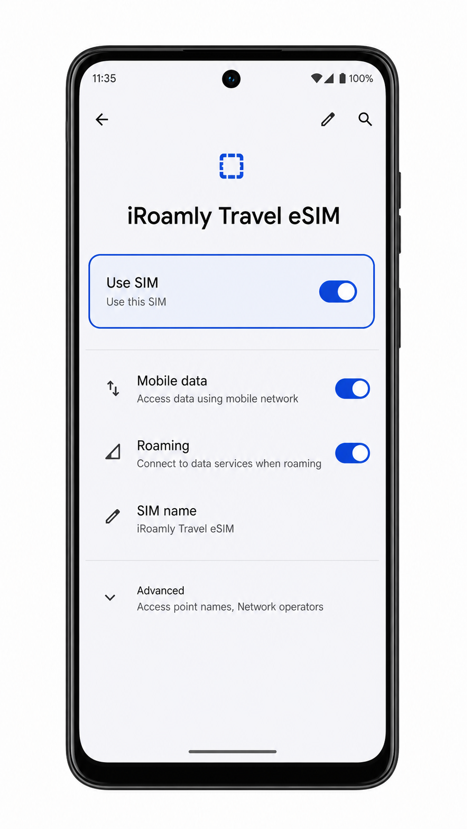 Moto G Power 5G (2024) iRoamly eSIM profile screen with Use SIM enabled