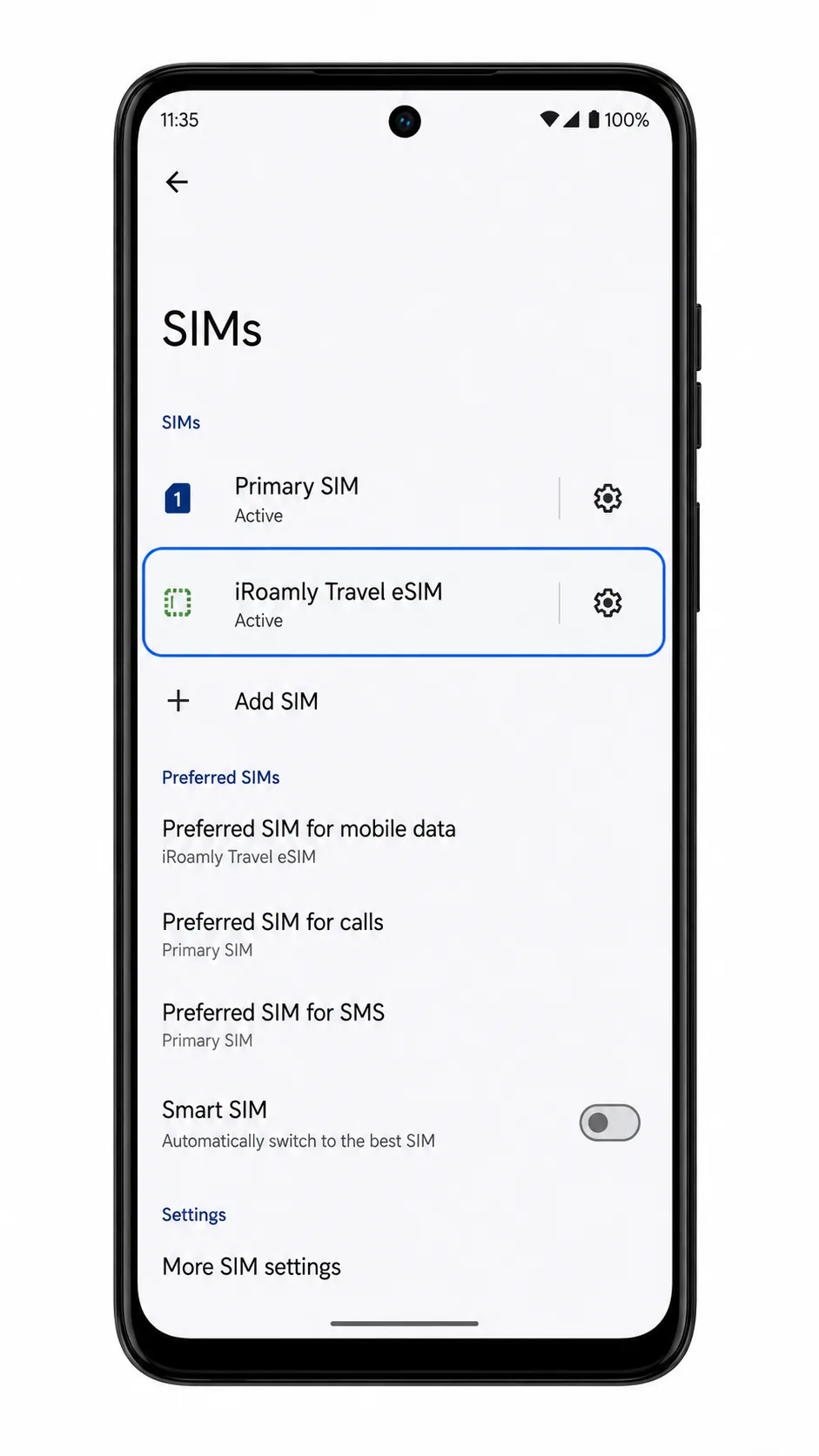 Moto G Stylus 5G 2024 SIMs page showing installed iRoamly eSIM profile