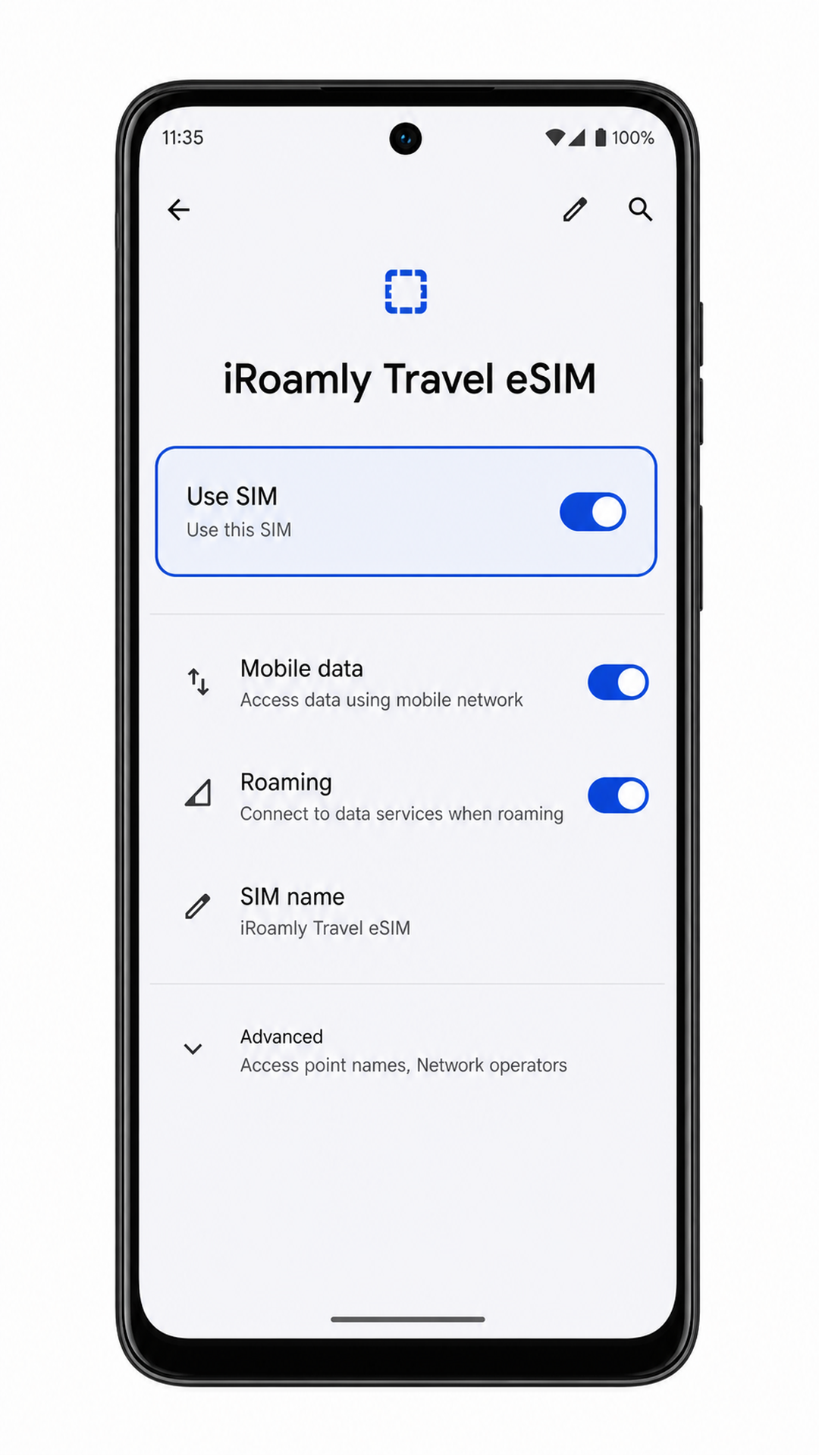 Moto G Power (2024) iRoamly eSIM details screen with Use SIM enabled
