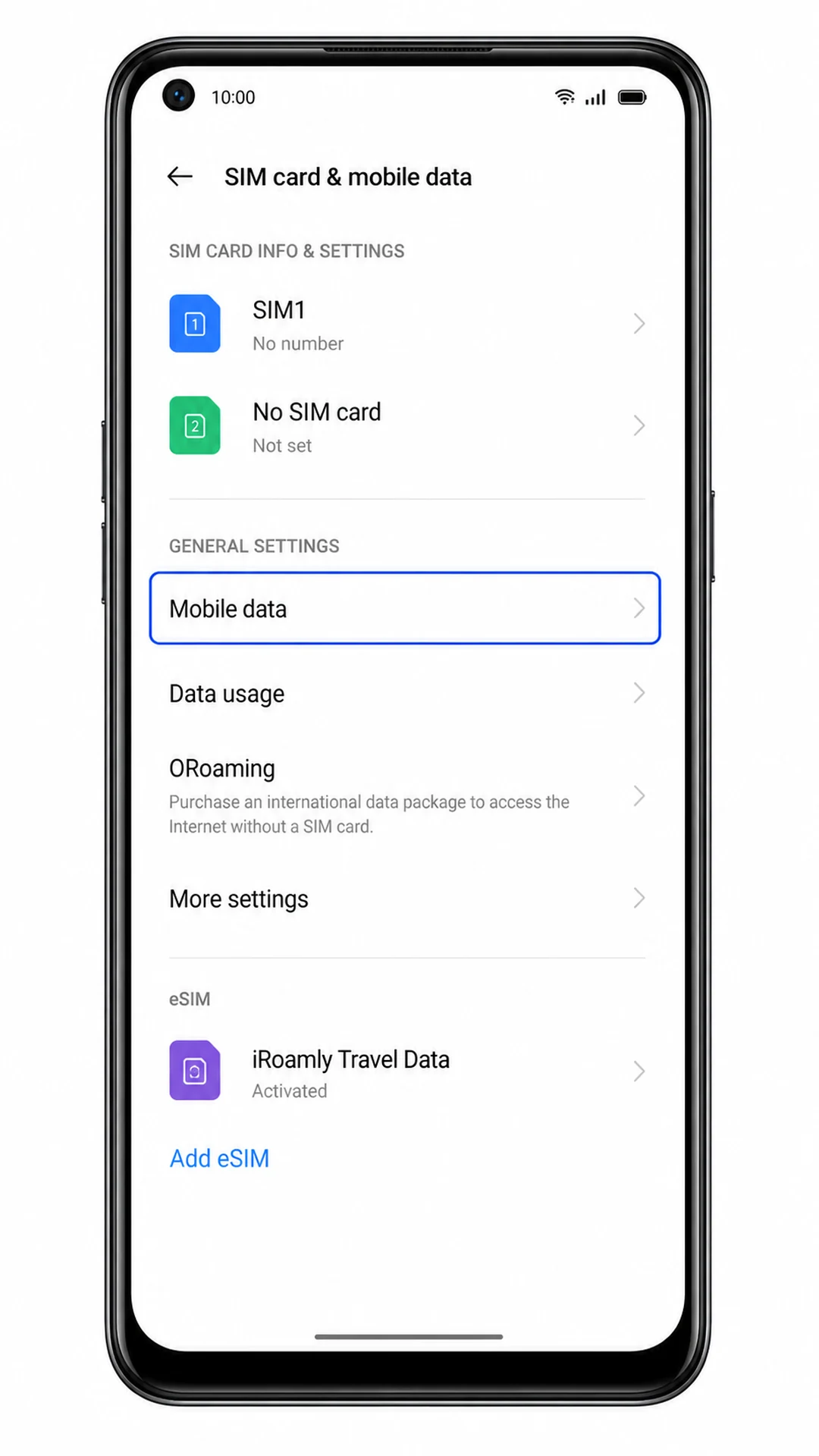 Oppo Reno 5A SIM card and mobile data settings showing Mobile data