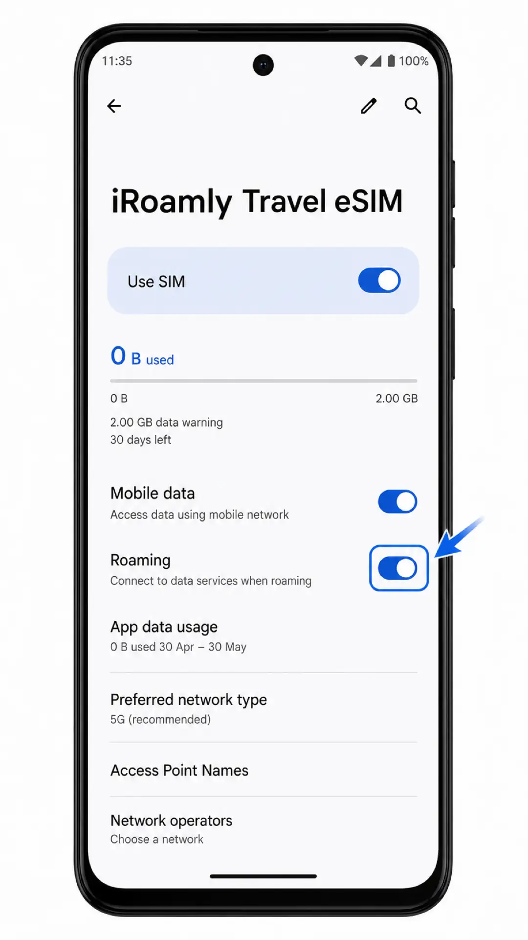 Moto G54 Power data Step 3: Roaming switch enabled for iRoamly Travel eSIM
