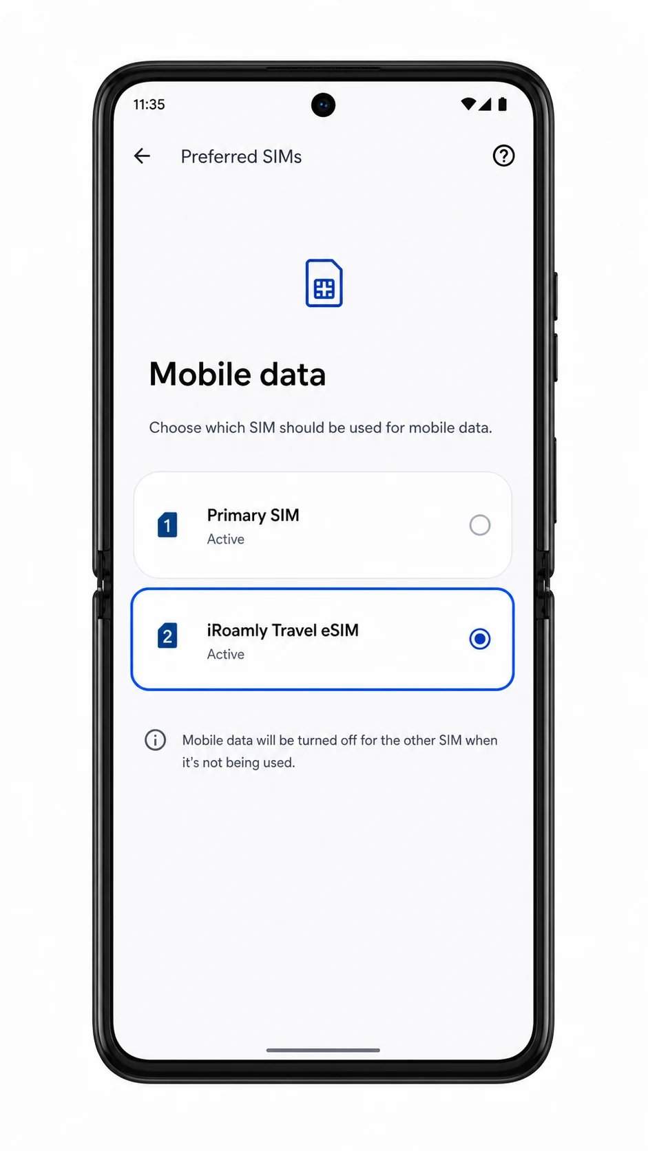 Motorola Razr+ 2025 mobile data preference screen showing iRoamly selected