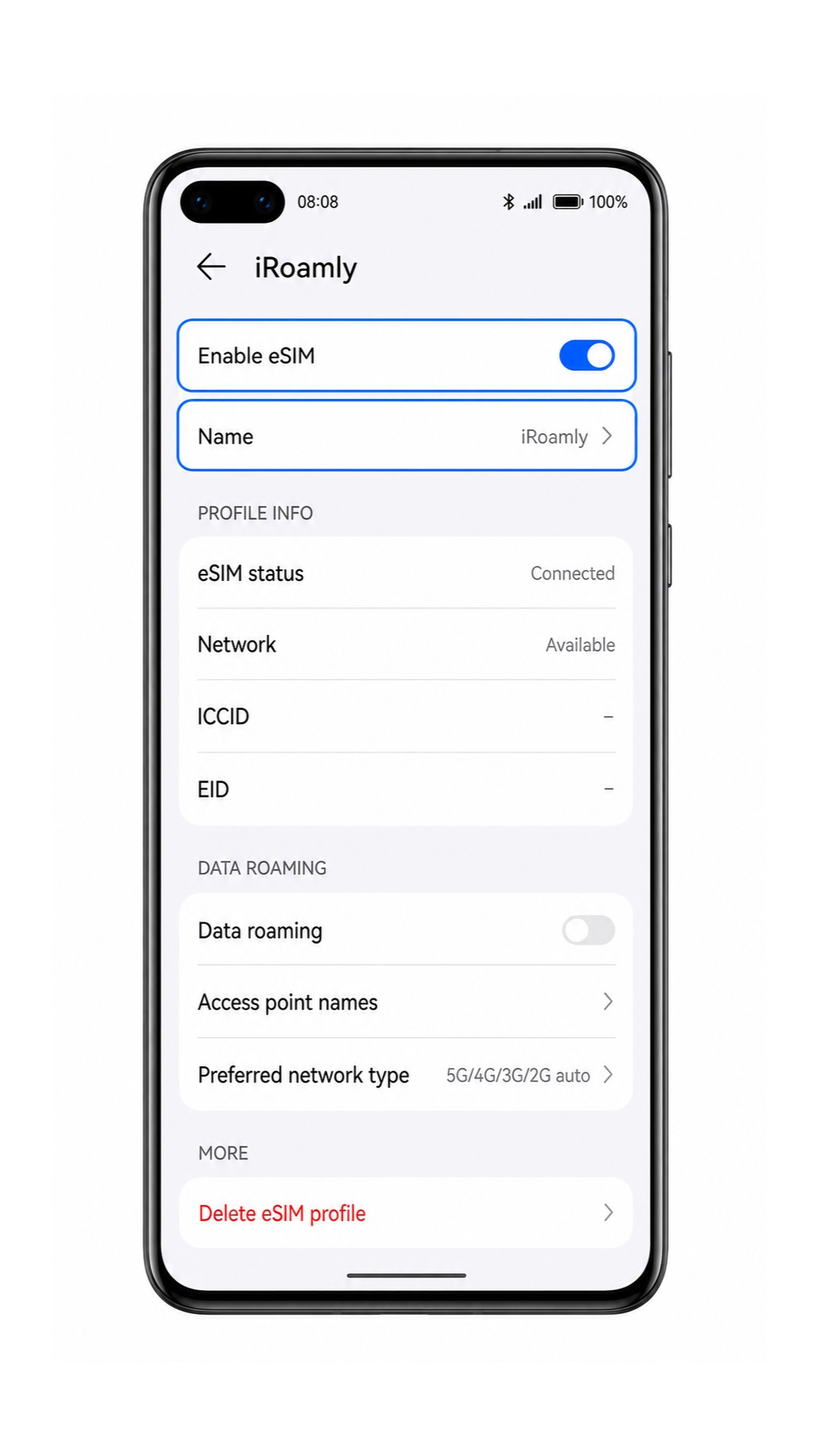 Huawei P40 eSIM details screen showing enabled iRoamly profile
