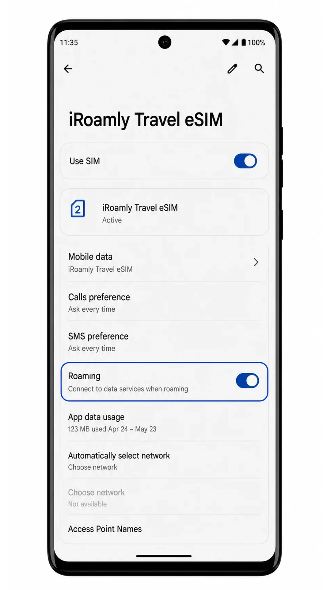 Motorola Edge Data Step 2: Enable roaming for iRoamly