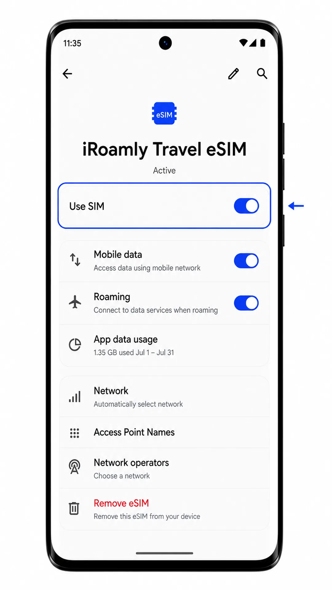 Schermata del profilo iRoamly eSIM del Motorola Edge 60 Fusion che mostra Usa SIM evidenziato