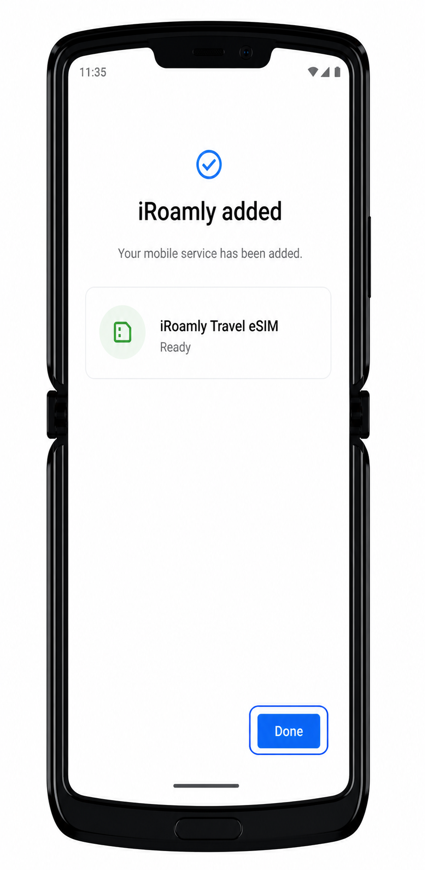Motorola Razr 2019 Step 8 manual: Done screen after manual iRoamly eSIM setup
