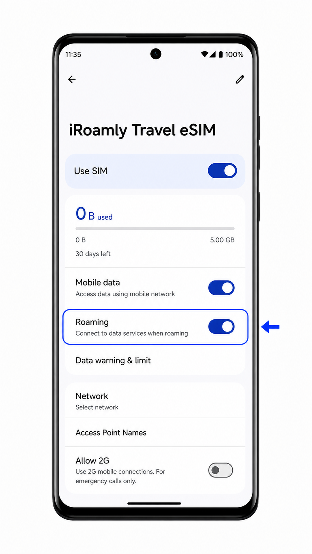 Motorola Edge 50 Fusion iRoamly eSIM settings showing Roaming enabled for travel data