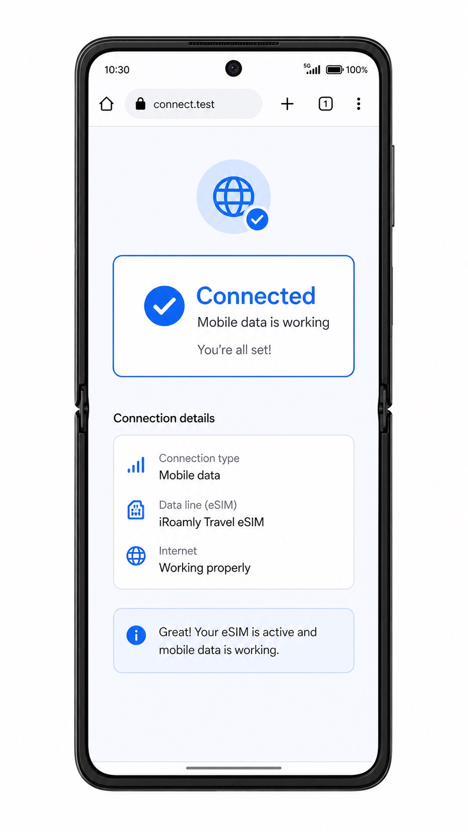Oppo Find N2 Flip mobile data test screen for installed iRoamly eSIM