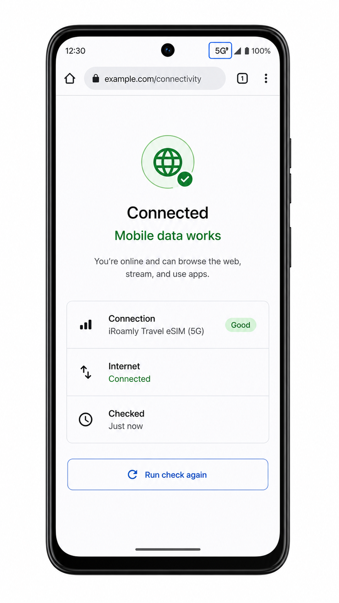 Moto G Power (2024) iRoamly eSIM active with mobile data test