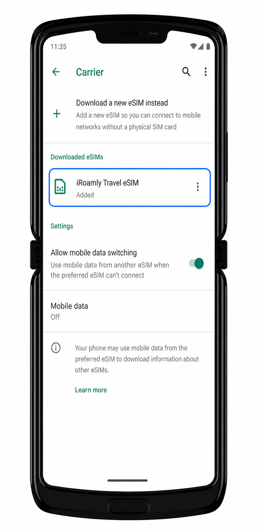 Motorola Razr 2019 confirmation Step 1: iRoamly eSIM listed in carrier settings