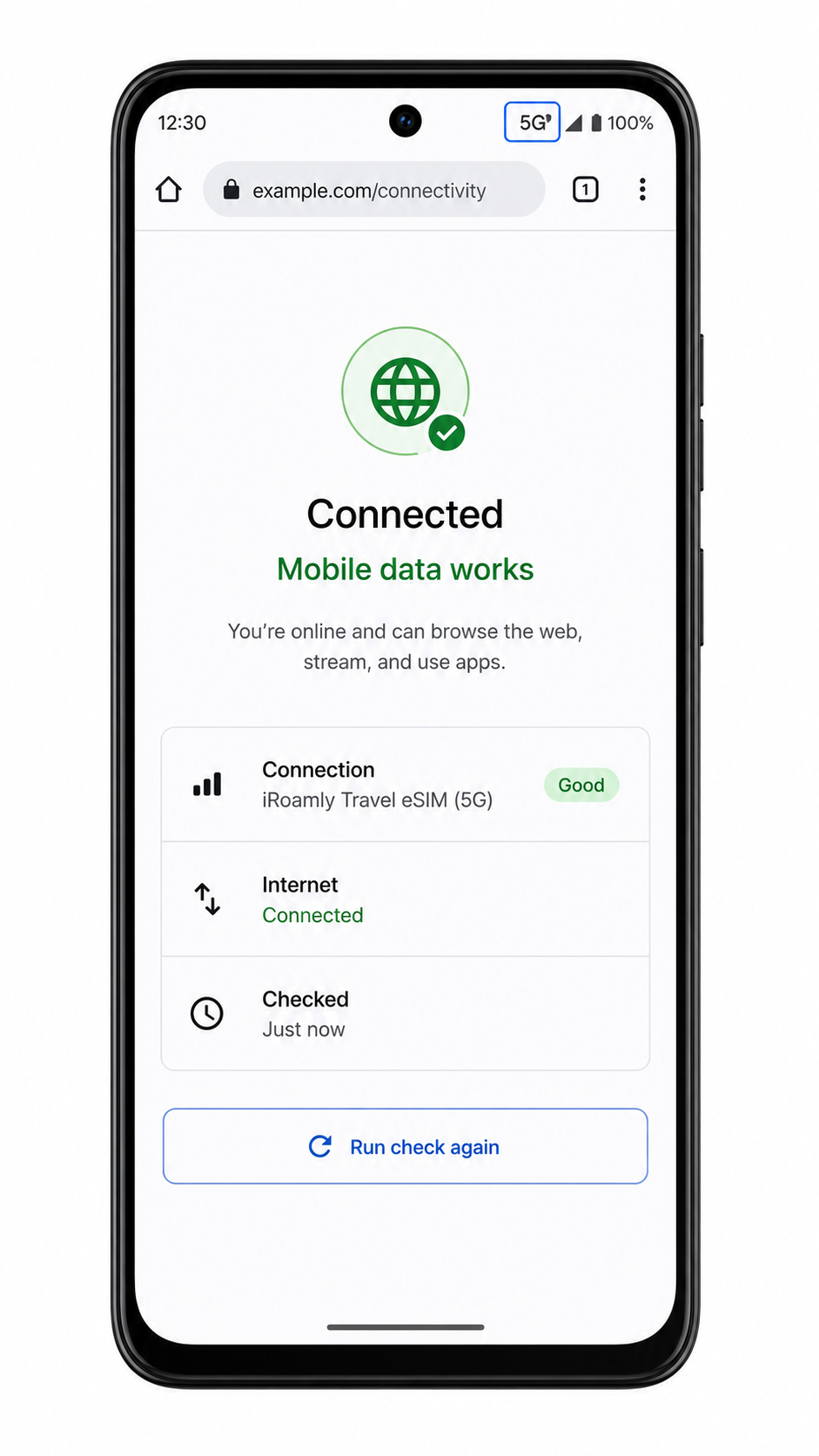 Moto G Power 5G (2024) iRoamly eSIM details screen for checking plan status