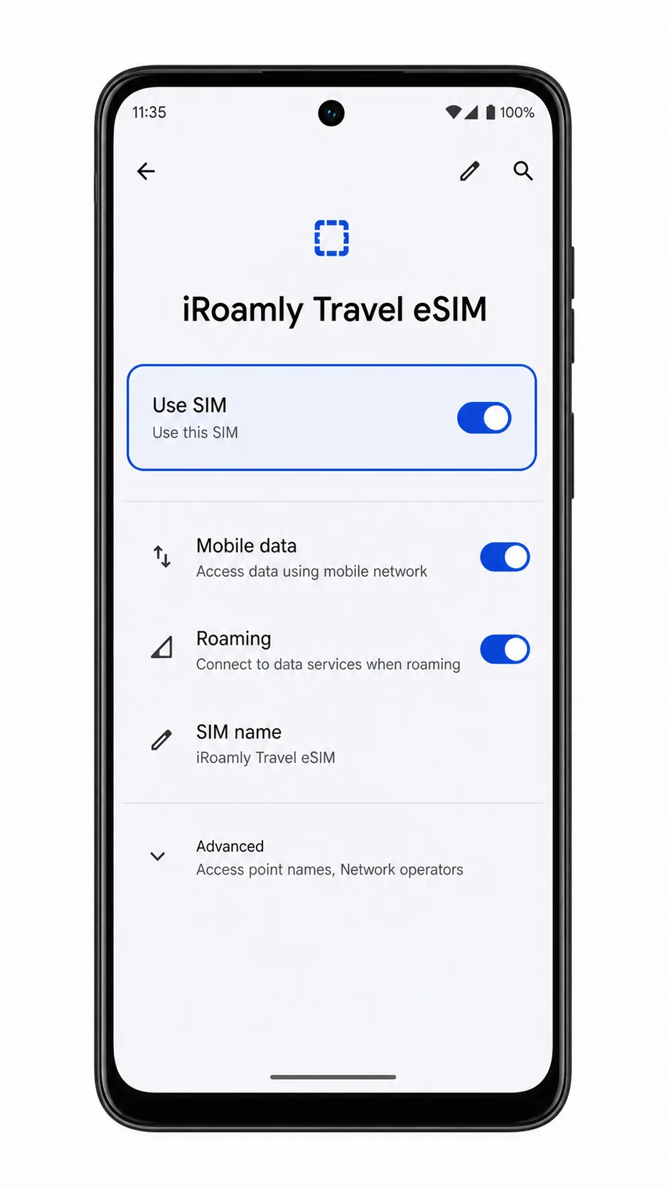 Moto G Stylus 5G 2024 iRoamly eSIM details page showing Use SIM enabled