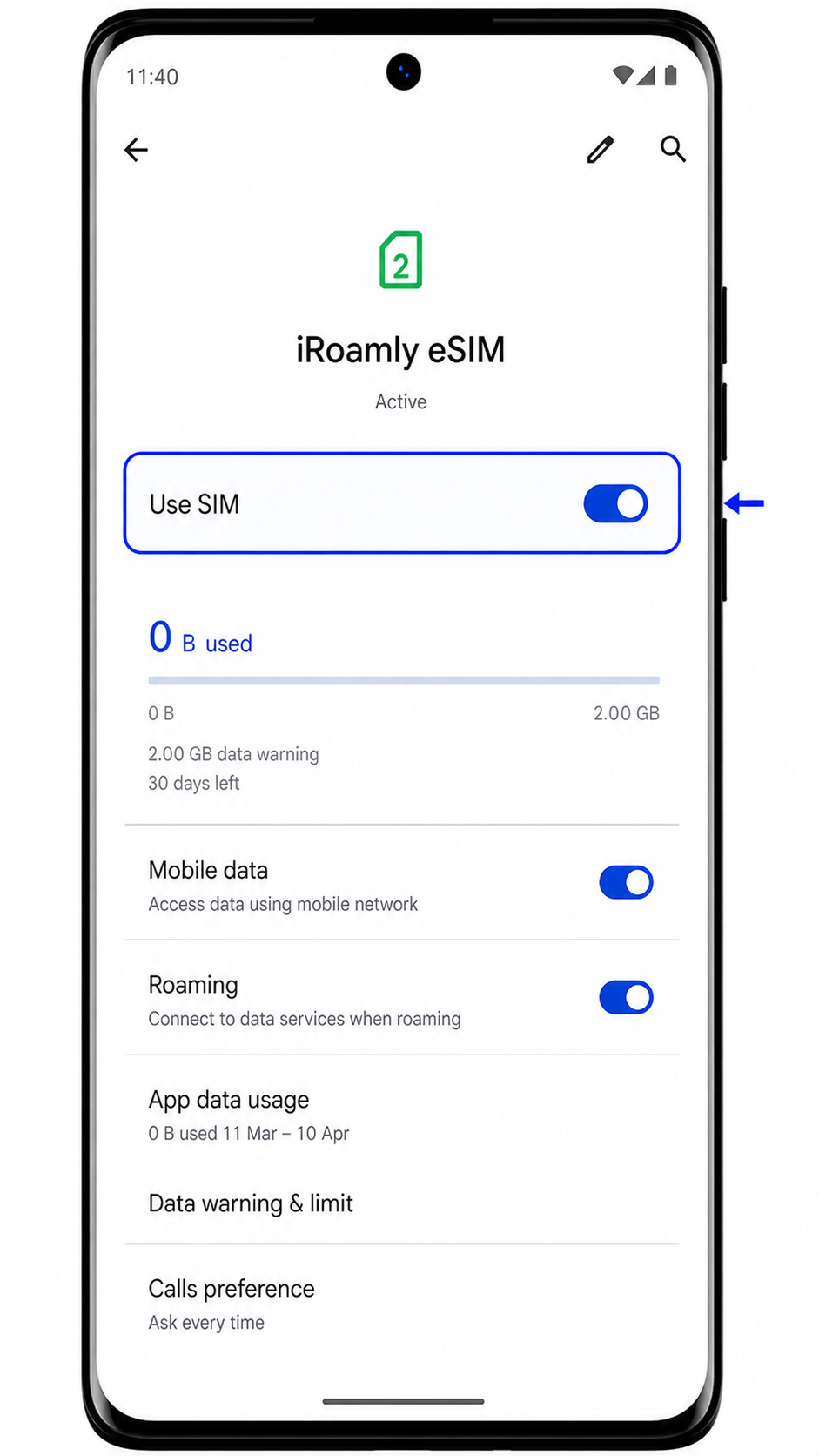 Motorola Edge 2023 iRoamly SIM detail screen showing Use SIM toggle
